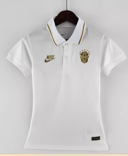 Camisa brasil feminina branca e dourado polo